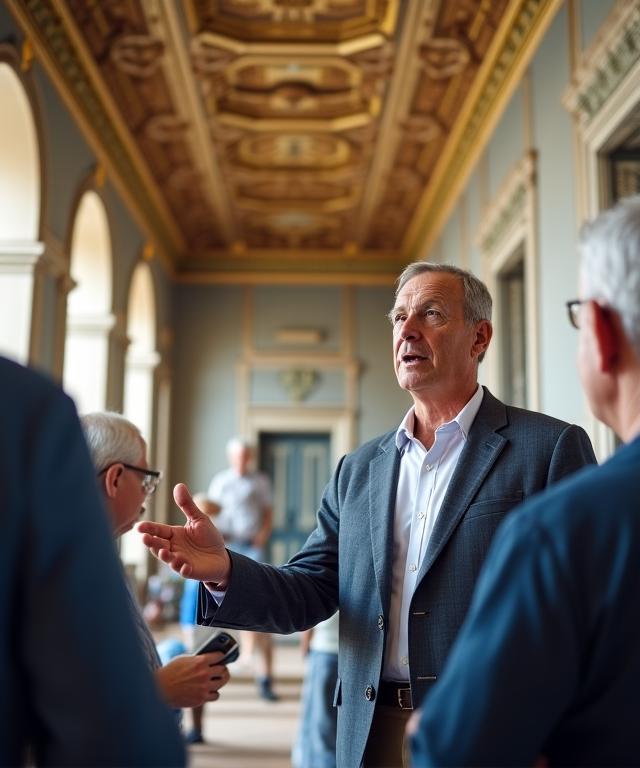 Architetto che spiega dettagli storici in un palazzo antico